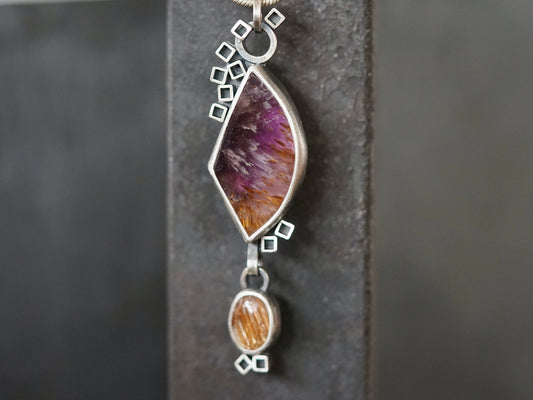 Modern love, super 7 and golden rutile quartz pendant