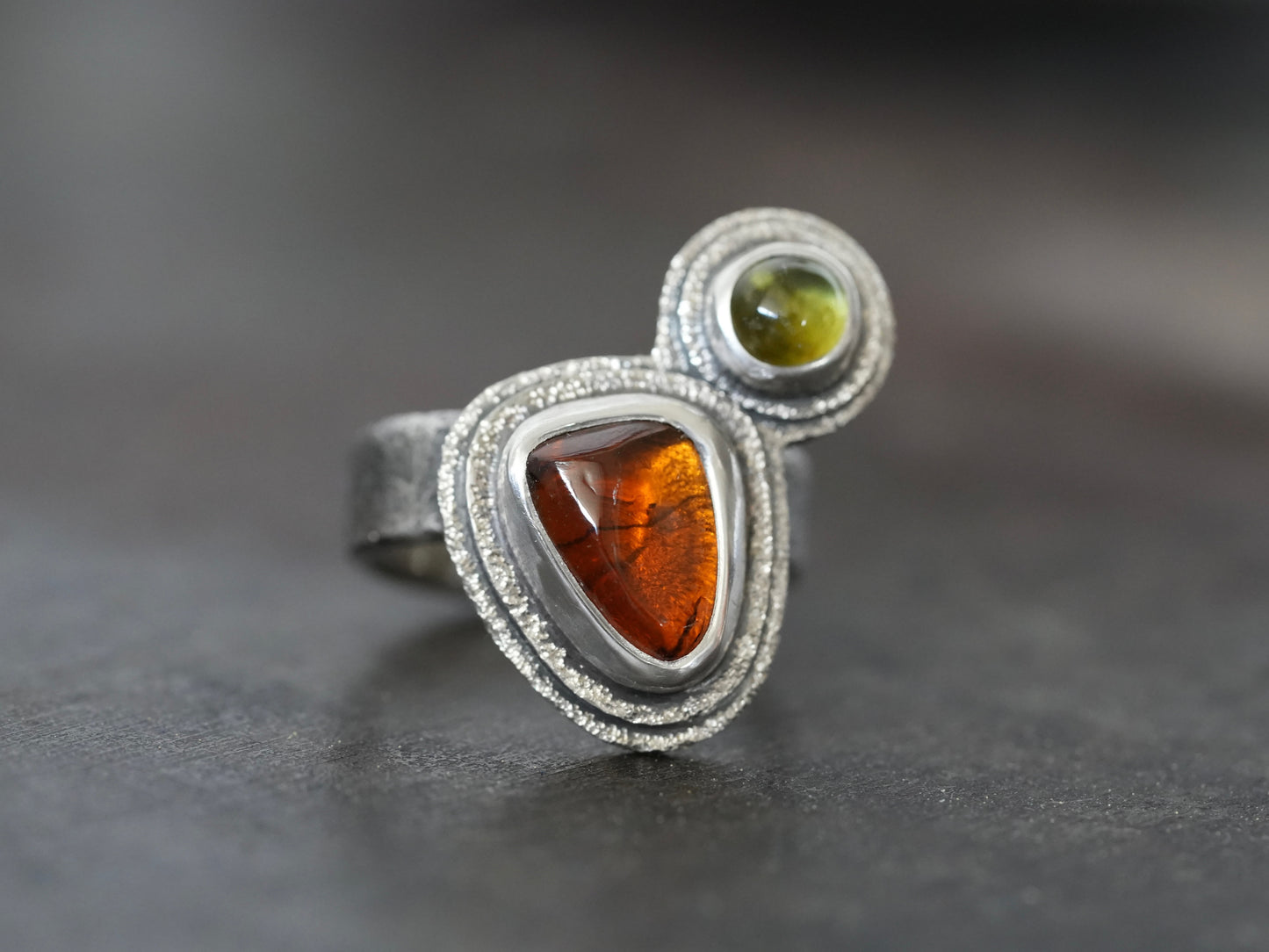 Sterling silver, garnet and tourmaline satellite ring, size 6