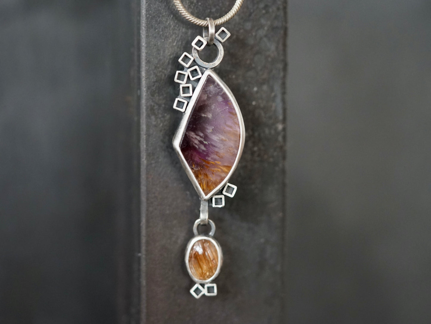 Modern love, super 7 and golden rutile quartz pendant