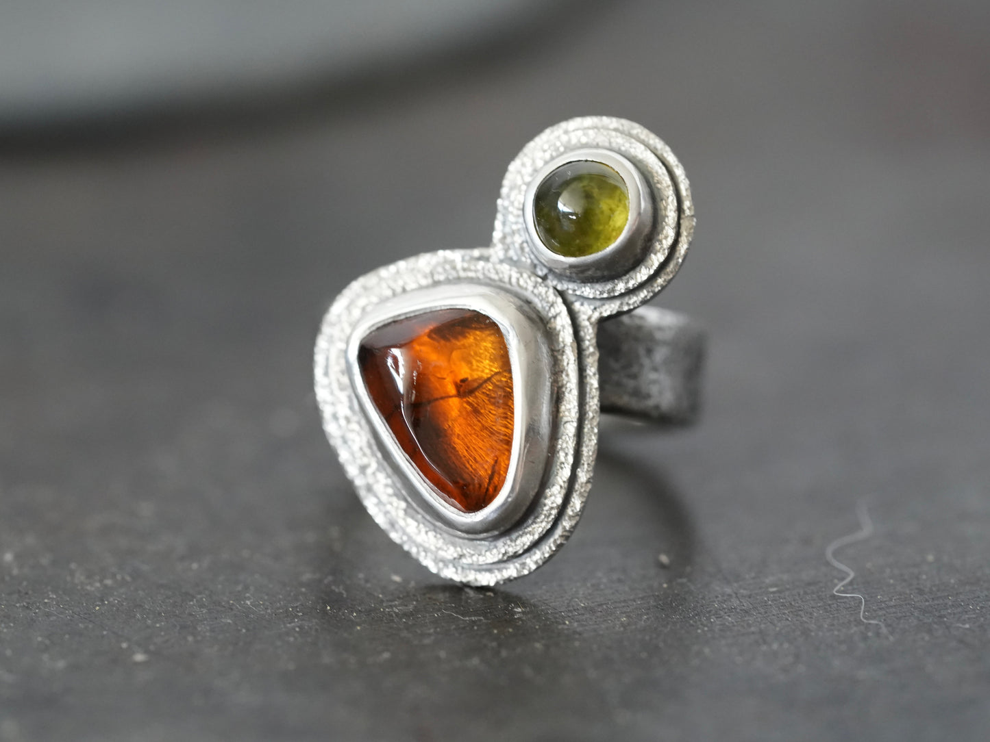 Sterling silver, garnet and tourmaline satellite ring, size 6