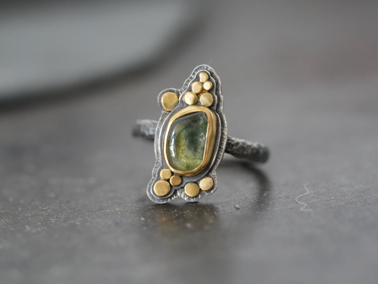 Carved sapphire and gold ring, size 6