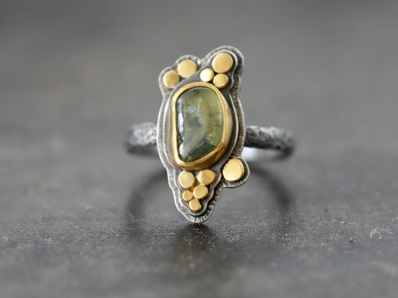 Carved sapphire and gold ring, size 6