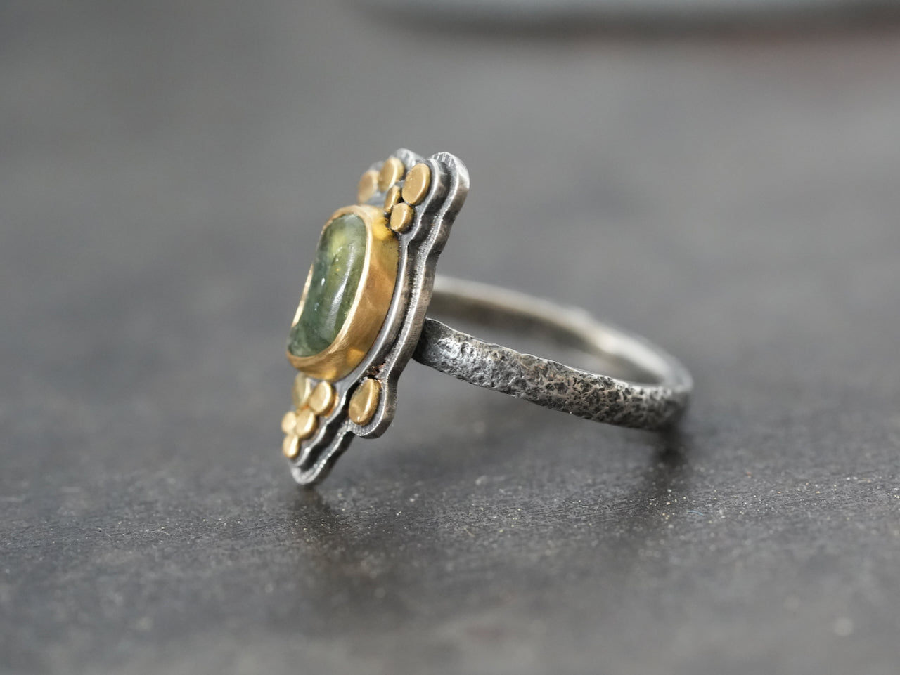 Carved sapphire and gold ring, size 6