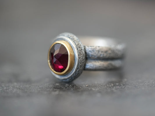 Custom made garnet and 22k gold ring, reserved for G