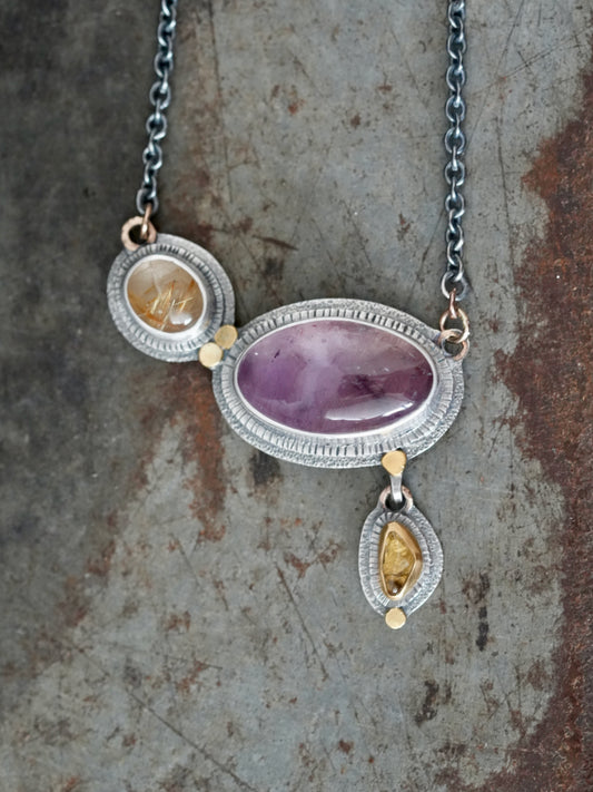 Amethyst, golden rutile quartz and tourmaline necklace