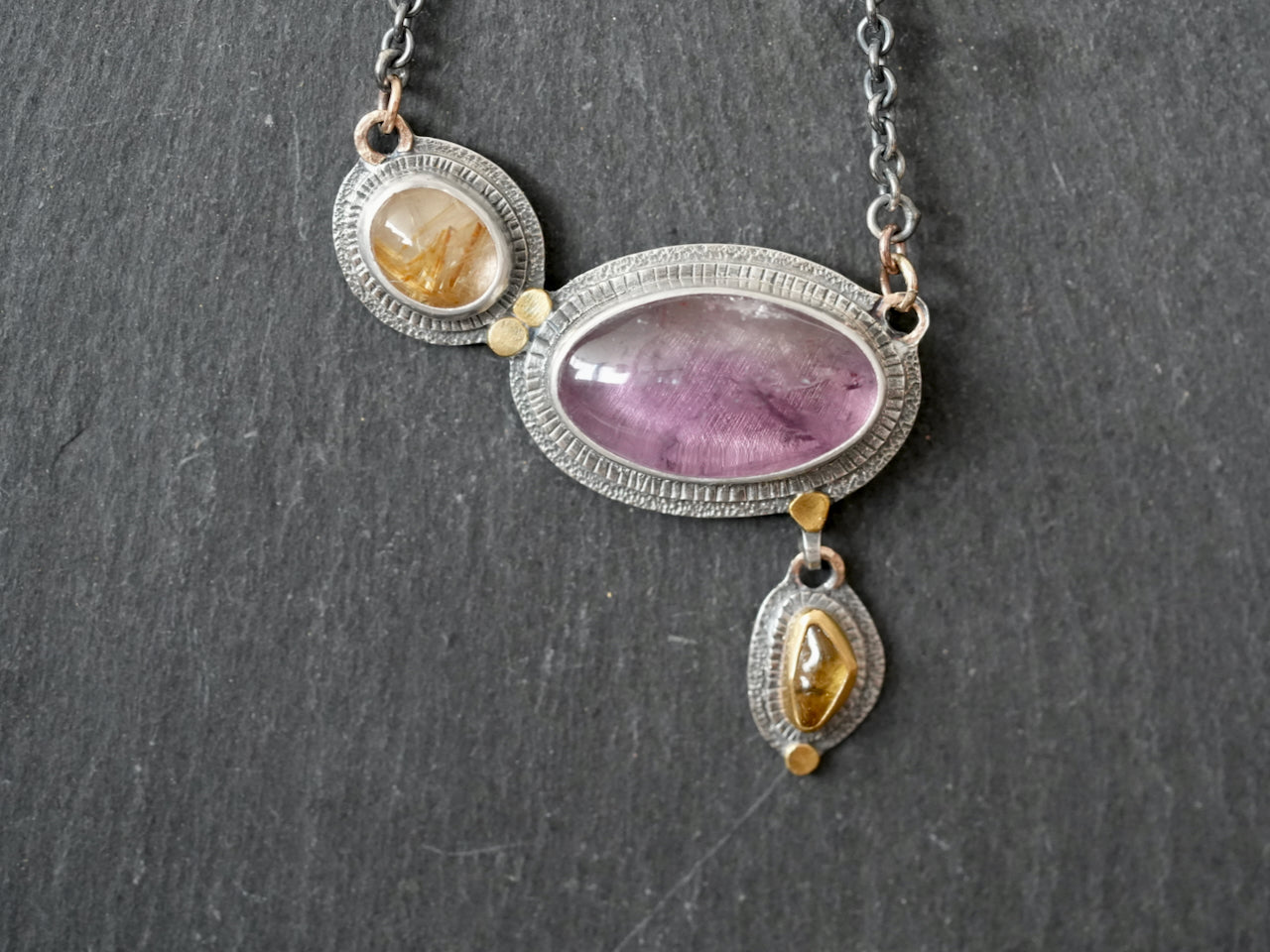 Amethyst, golden rutile quartz and tourmaline necklace