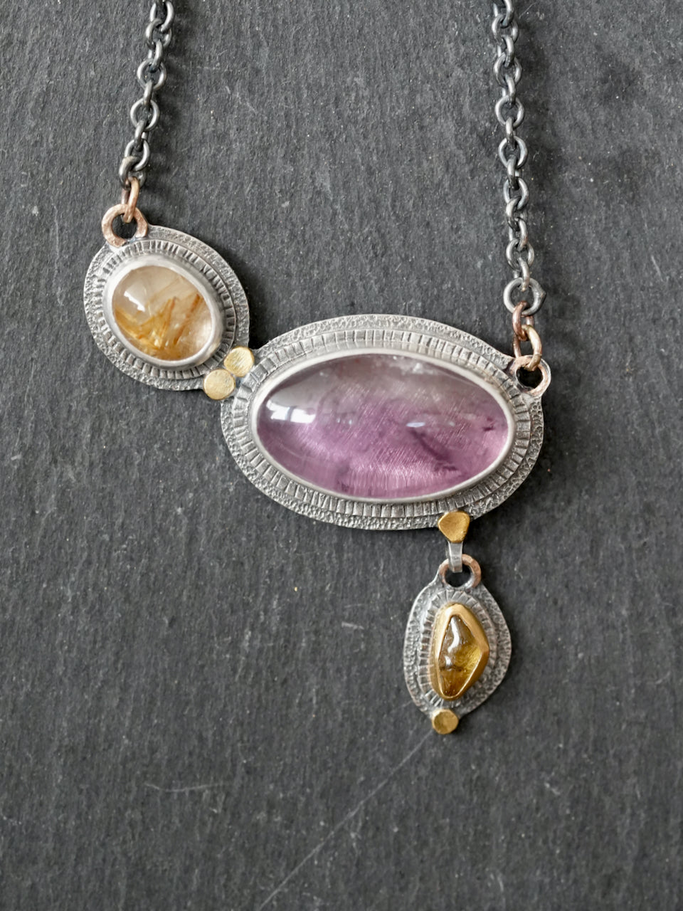 Amethyst, golden rutile quartz and tourmaline necklace