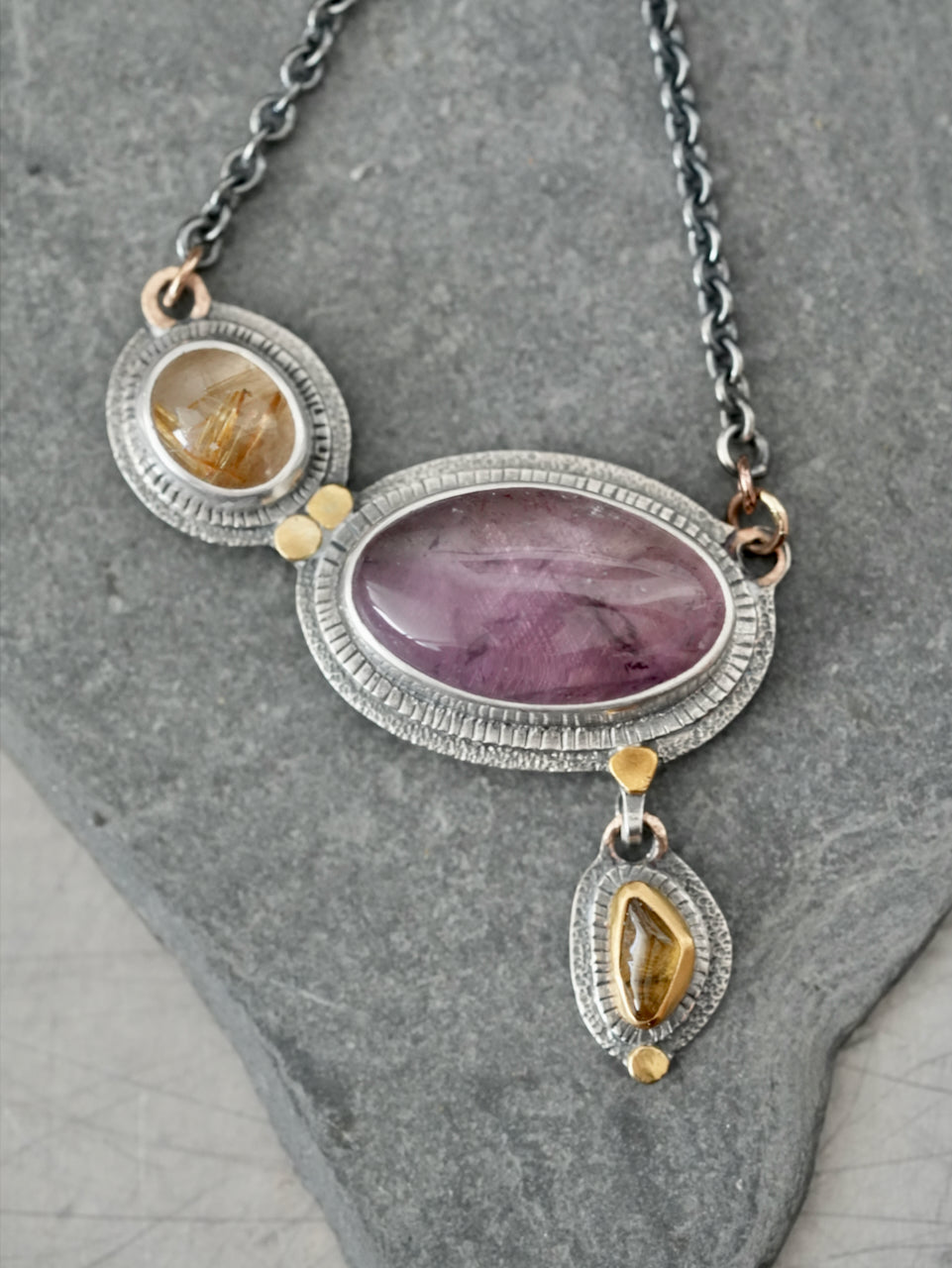 Amethyst, golden rutile quartz and tourmaline necklace