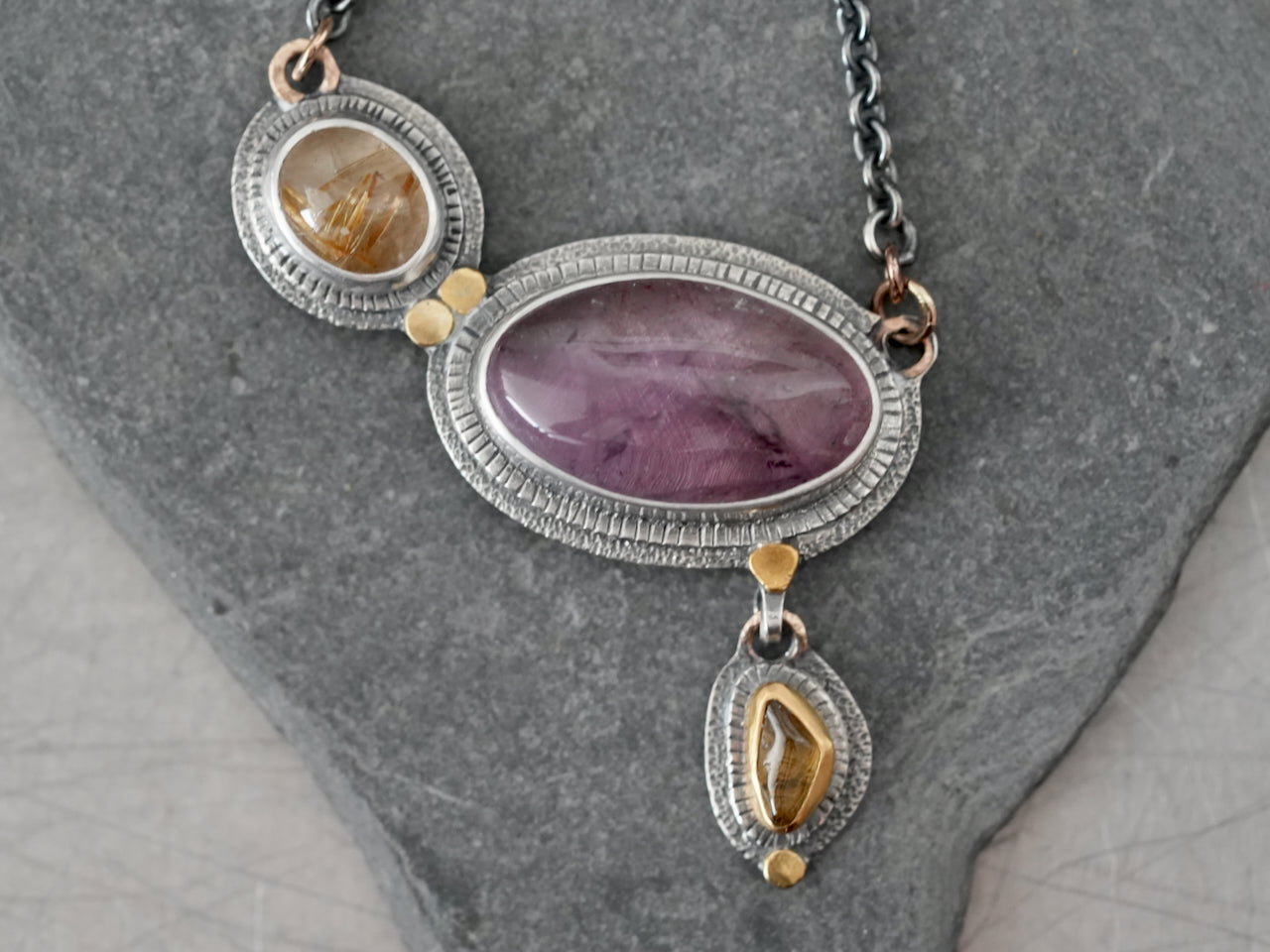 Amethyst, golden rutile quartz and tourmaline necklace