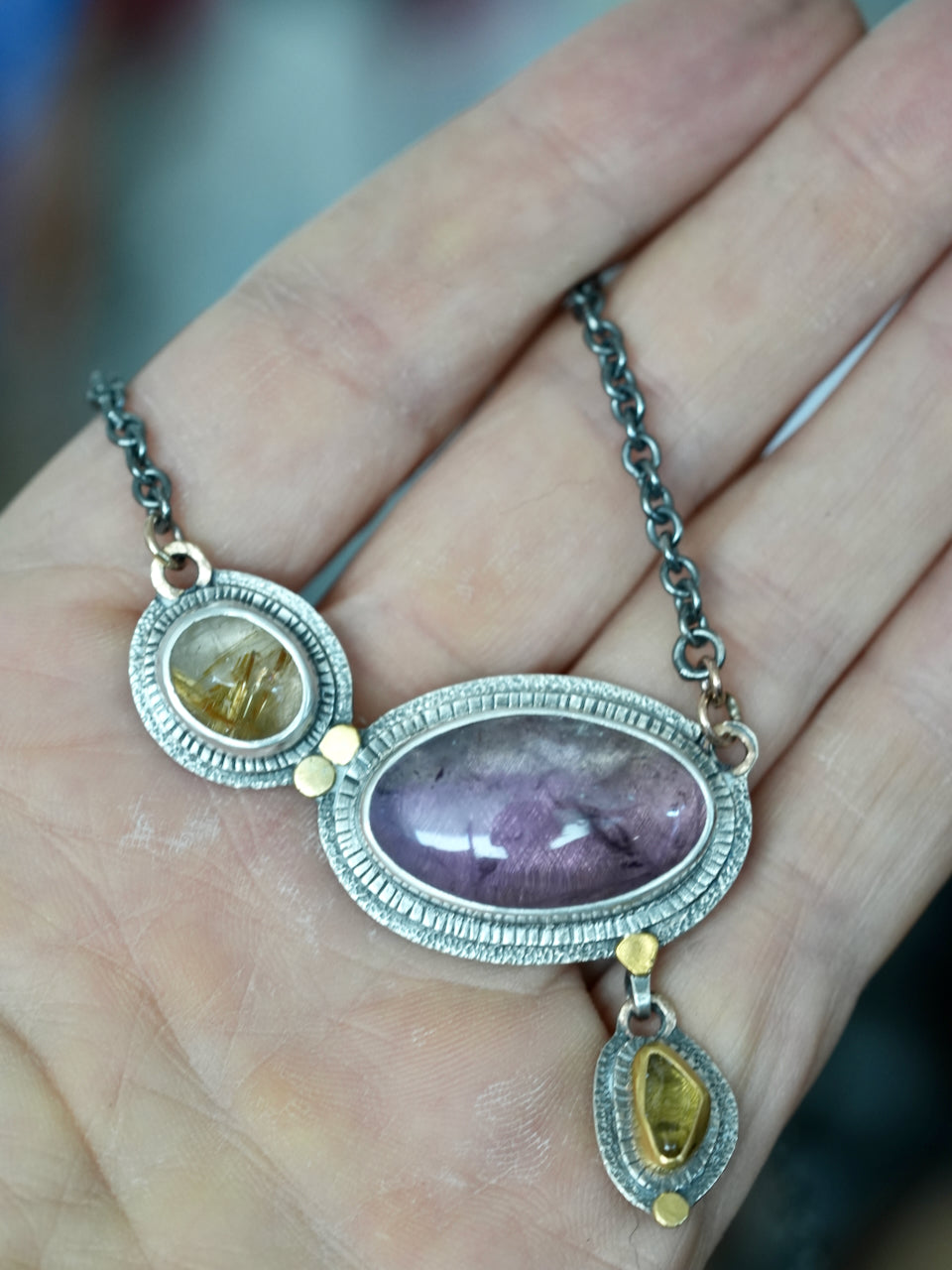 Amethyst, golden rutile quartz and tourmaline necklace