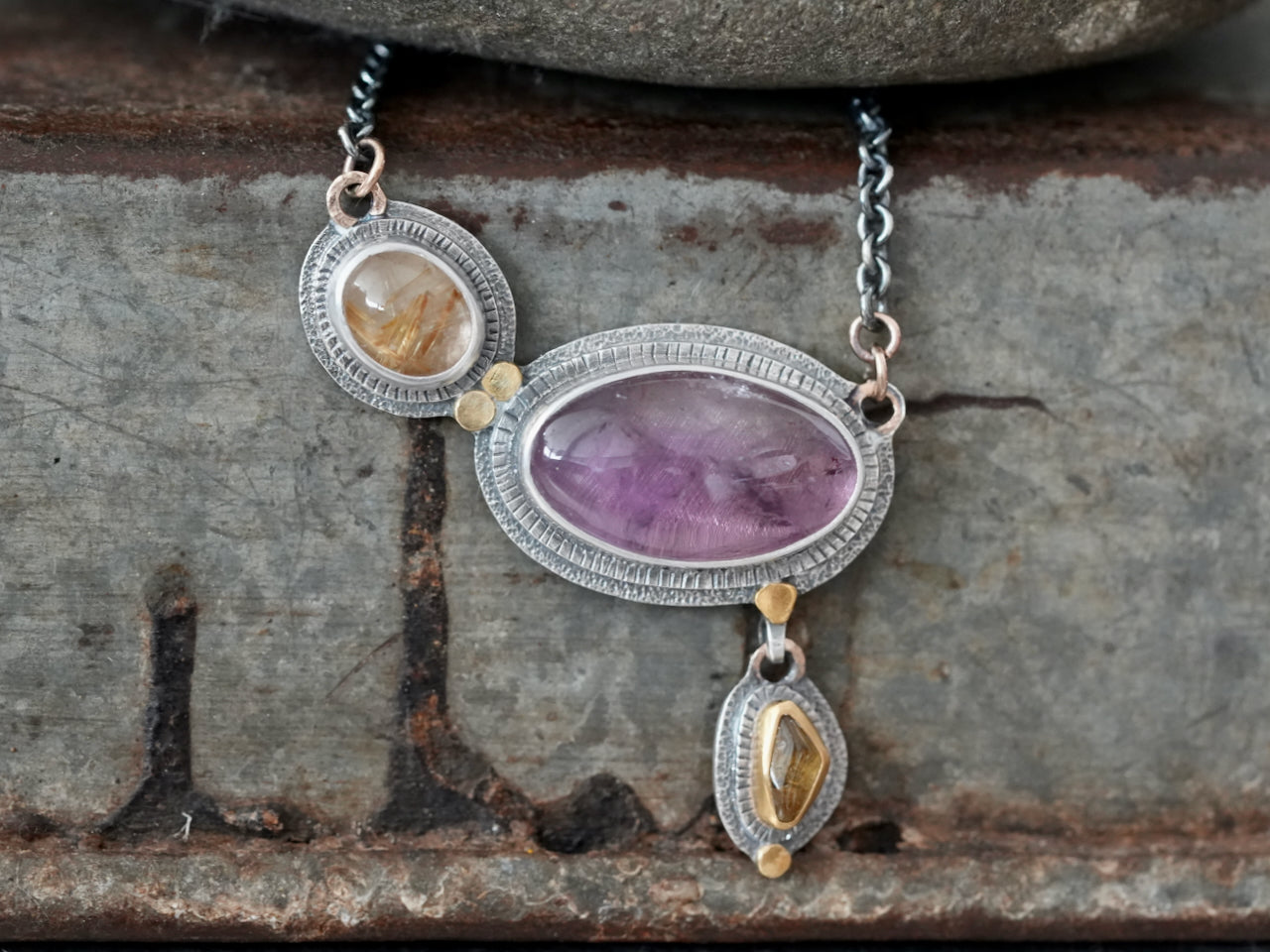 Amethyst, golden rutile quartz and tourmaline necklace