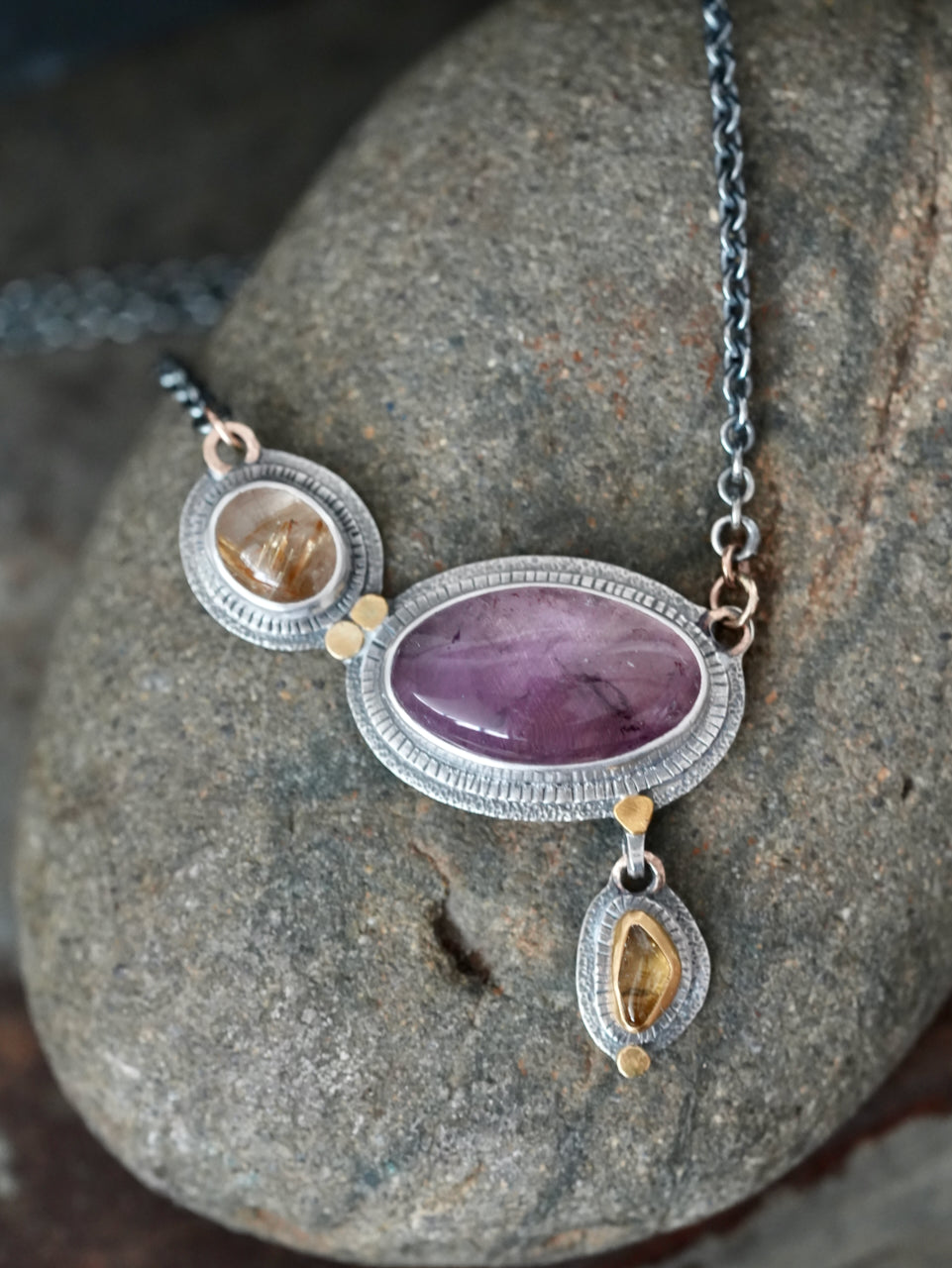 Amethyst, golden rutile quartz and tourmaline necklace