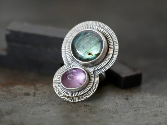 orbiting labradorite and amethyst ring, size 7.75