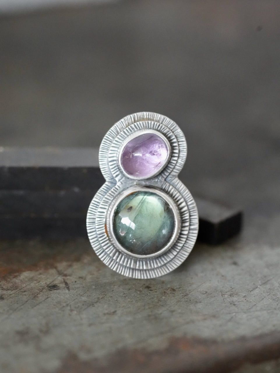 orbiting labradorite and amethyst ring, size 7.75