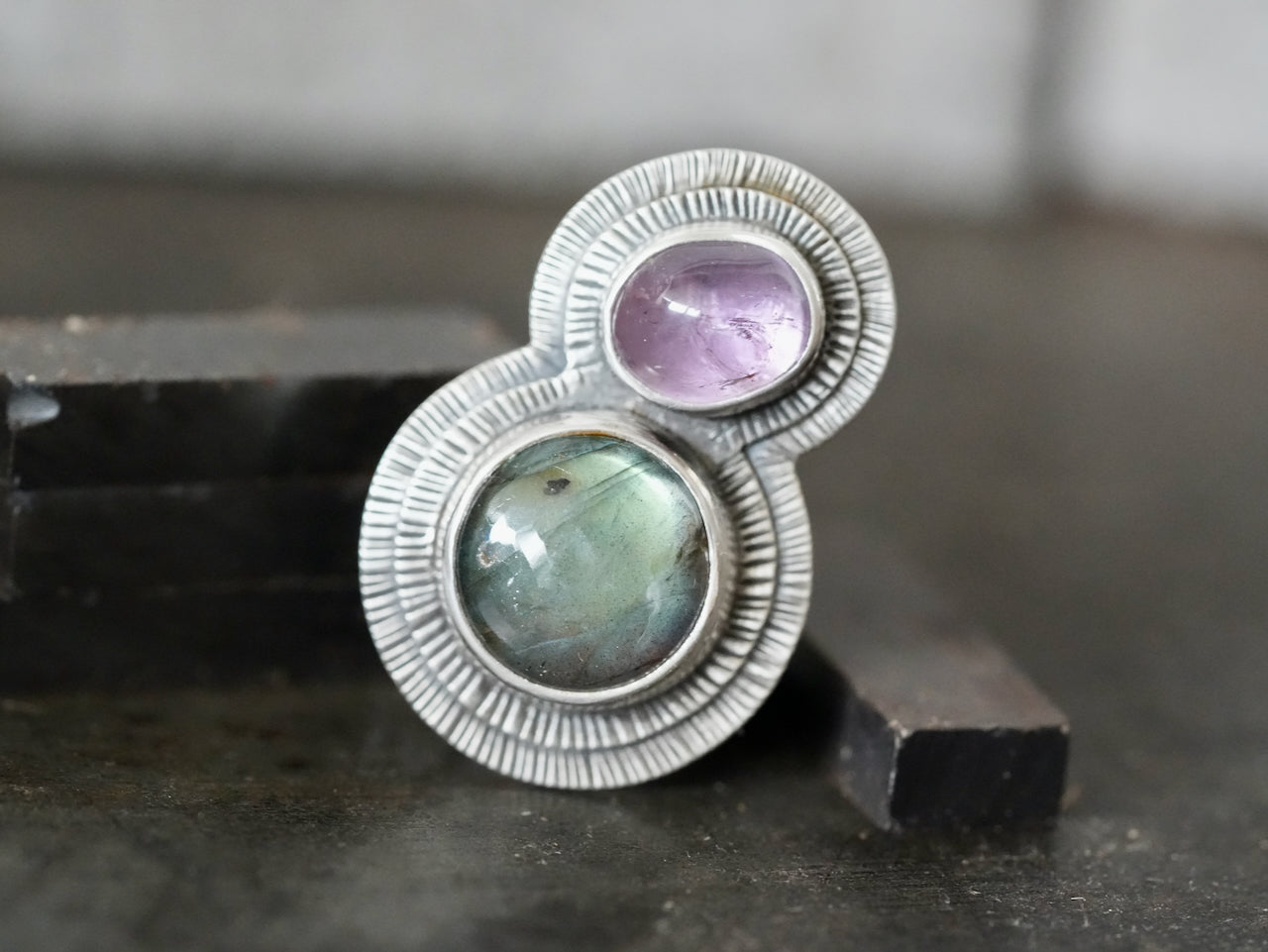 orbiting labradorite and amethyst ring, size 7.75