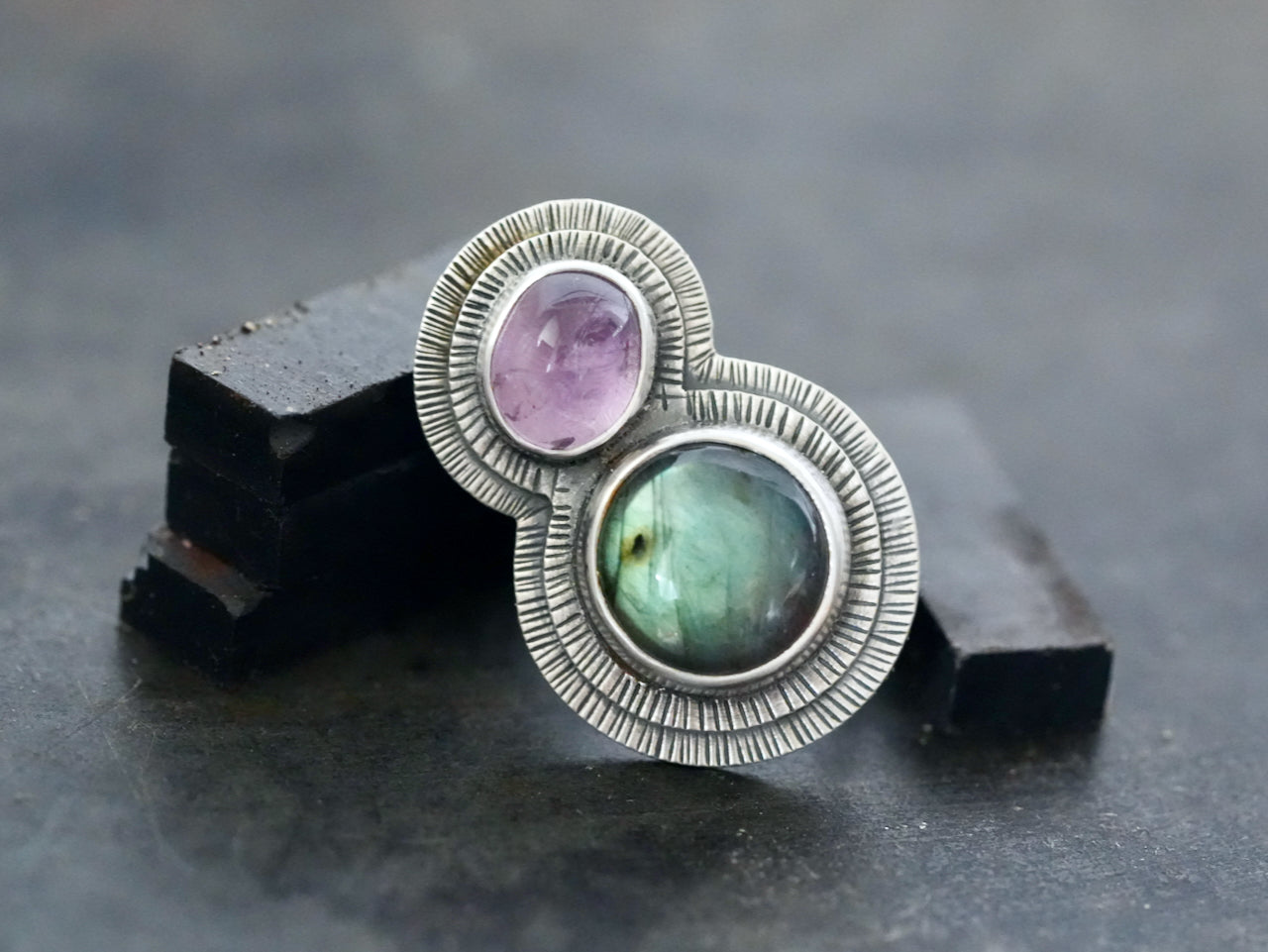 orbiting labradorite and amethyst ring, size 7.75