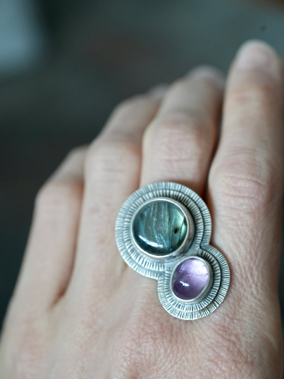 orbiting labradorite and amethyst ring, size 7.75