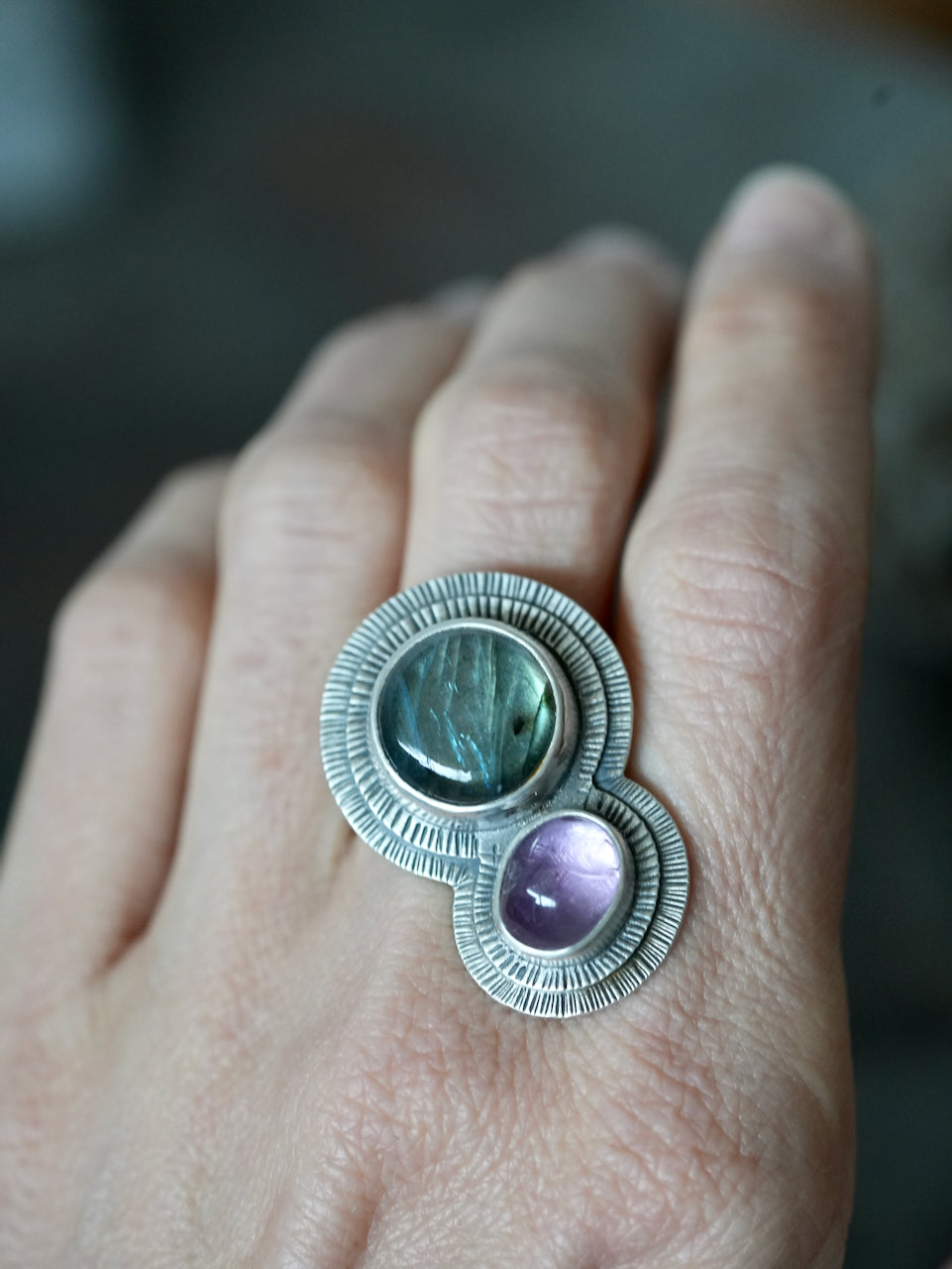 orbiting labradorite and amethyst ring, size 7.75