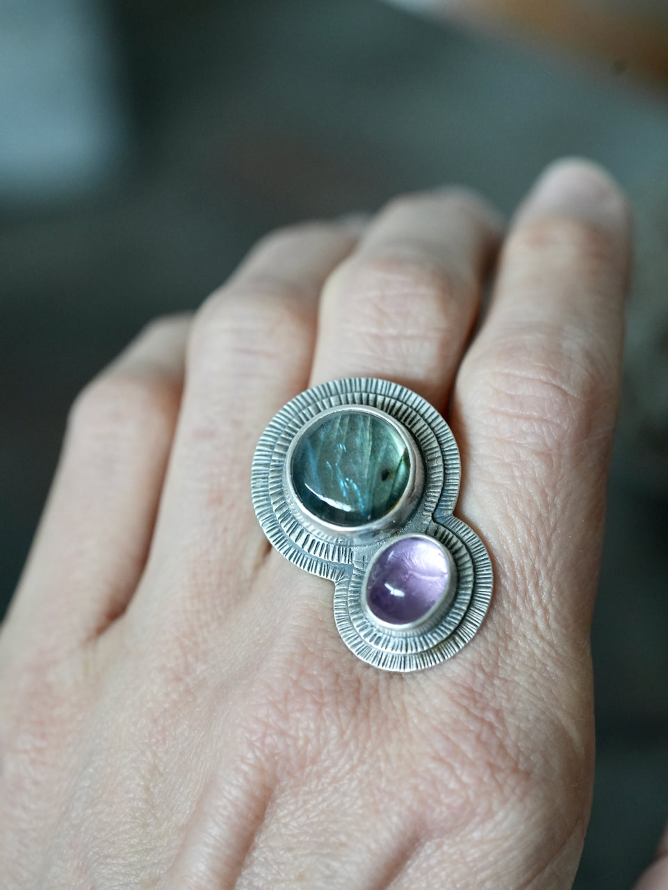 orbiting labradorite and amethyst ring, size 7.75