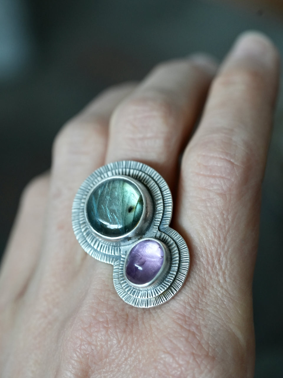 orbiting labradorite and amethyst ring, size 7.75
