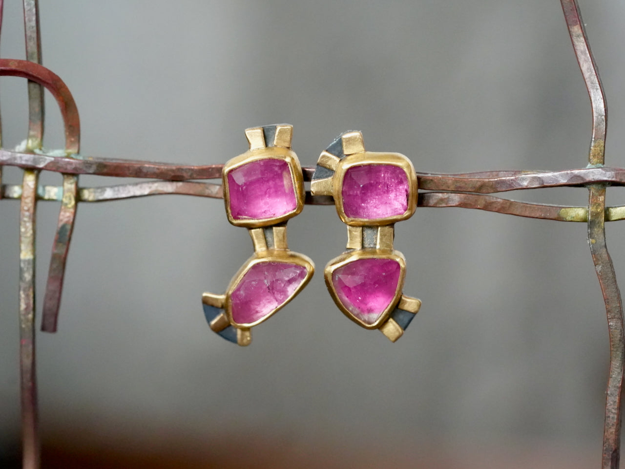 Handcrafted Pink Tourmaline & Gold Earrings – A Modern Artistic Treasure