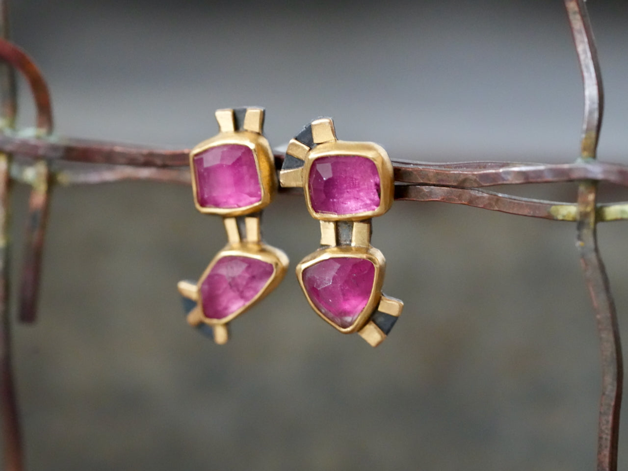 Handcrafted Pink Tourmaline & Gold Earrings – A Modern Artistic Treasure
