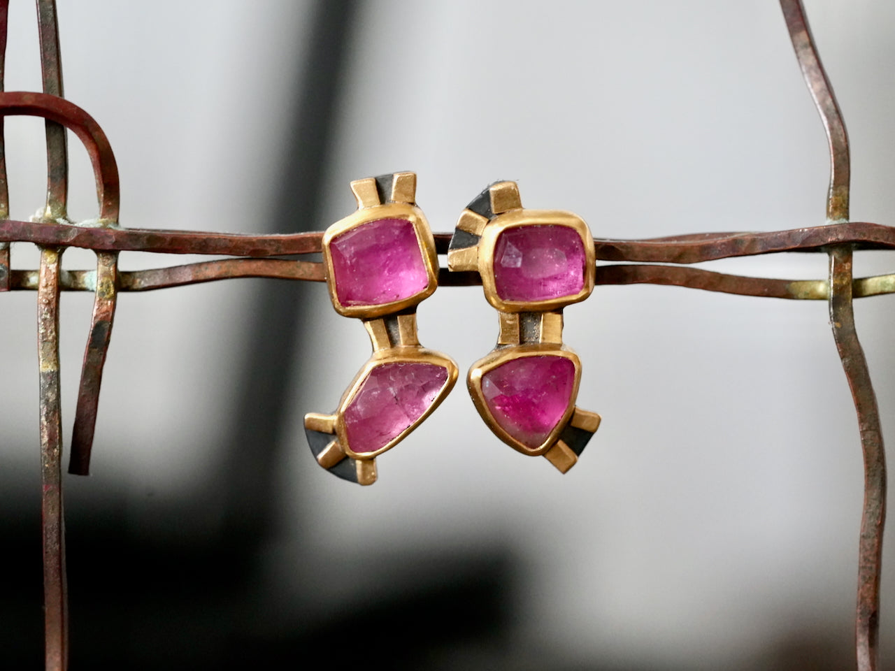 Handcrafted Pink Tourmaline & Gold Earrings – A Modern Artistic Treasure