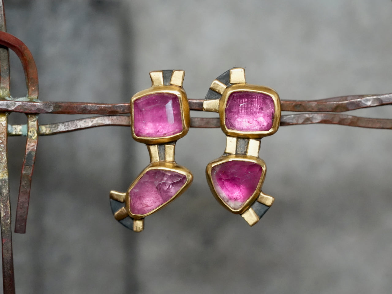 Handcrafted Pink Tourmaline & Gold Earrings – A Modern Artistic Treasure