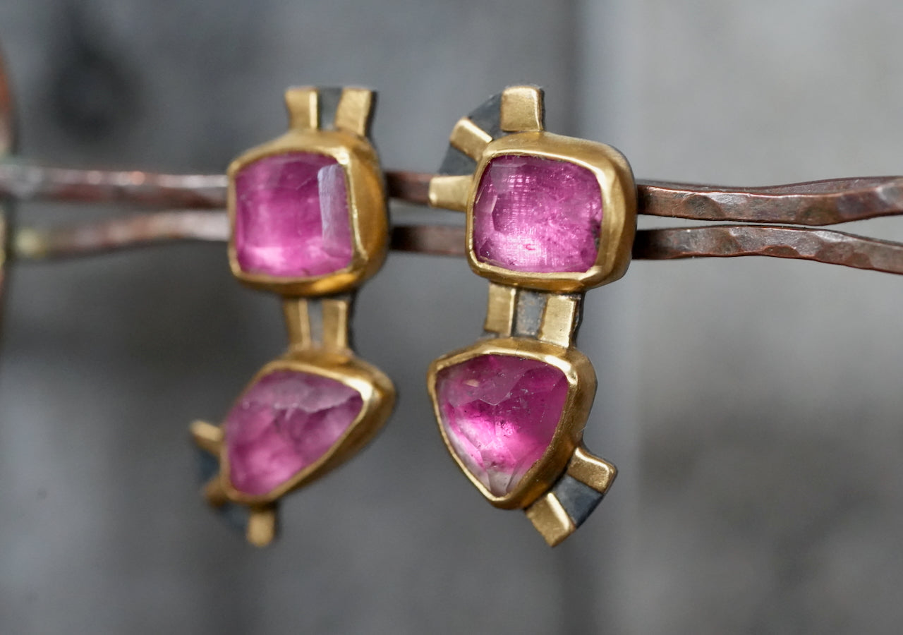 Handcrafted Pink Tourmaline & Gold Earrings – A Modern Artistic Treasure