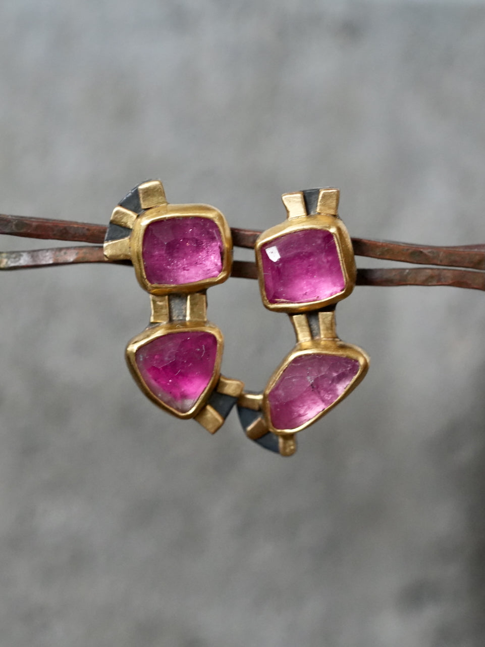Handcrafted Pink Tourmaline & Gold Earrings – A Modern Artistic Treasure
