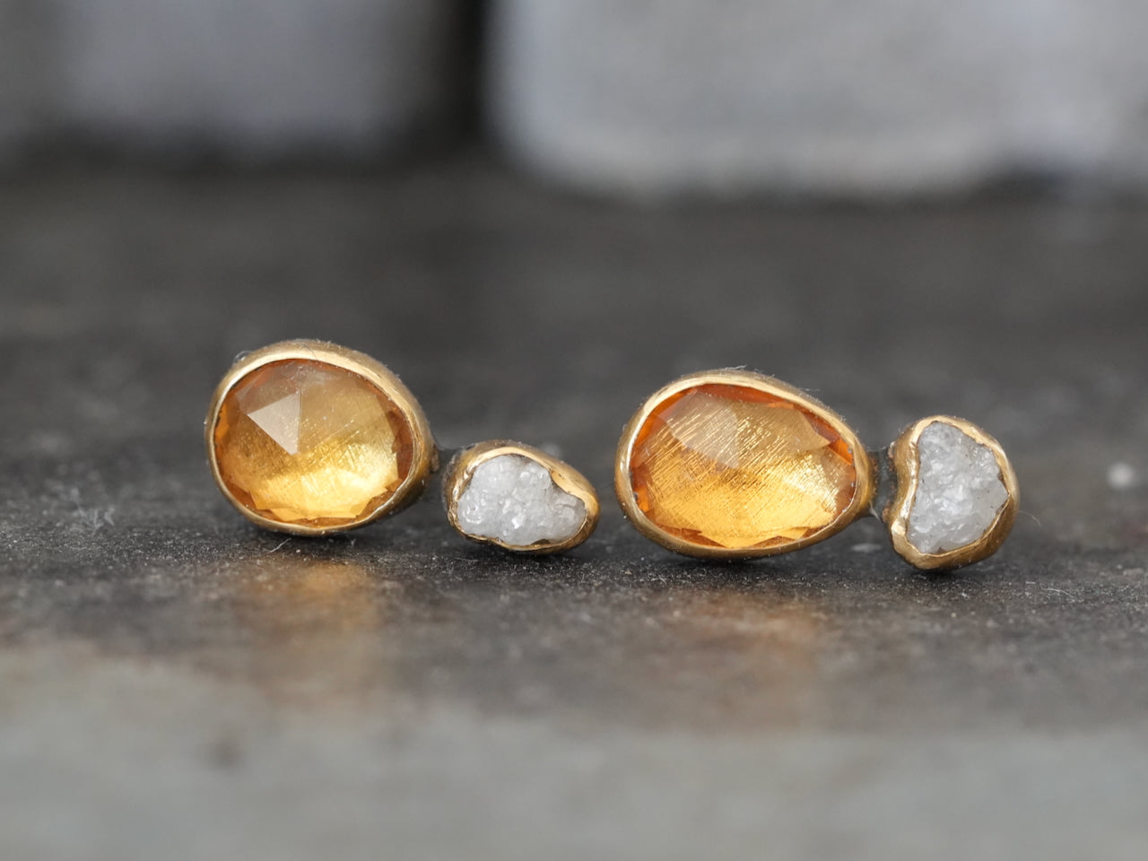 Handmade Diamond & Citrine Earrings – Raw Elegance with a Golden Glow