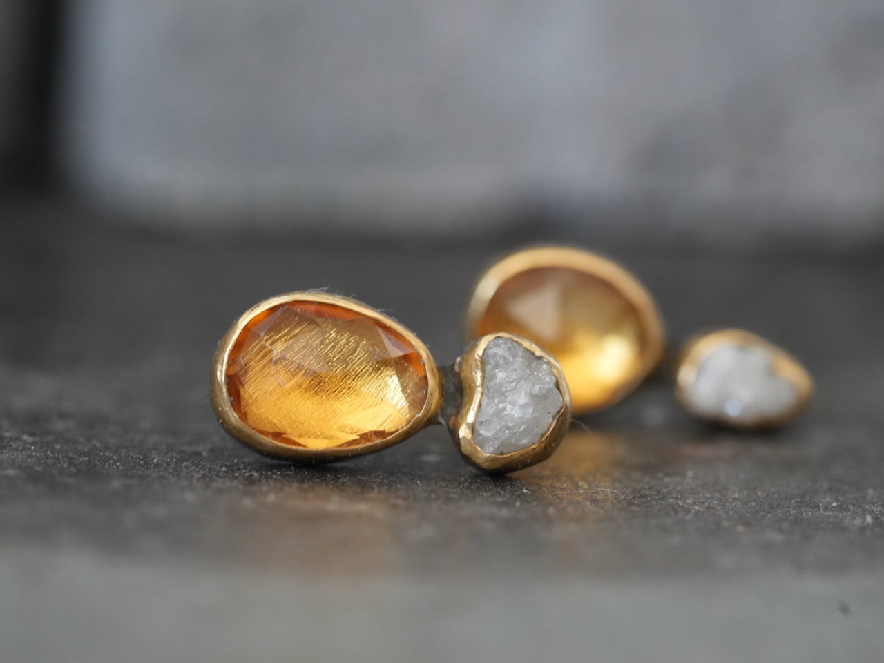 Handmade Diamond & Citrine Earrings – Raw Elegance with a Golden Glow