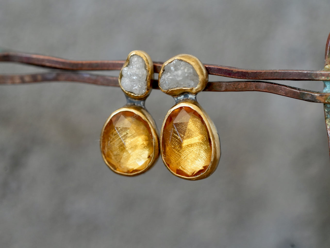 Handmade Diamond & Citrine Earrings – Raw Elegance with a Golden Glow