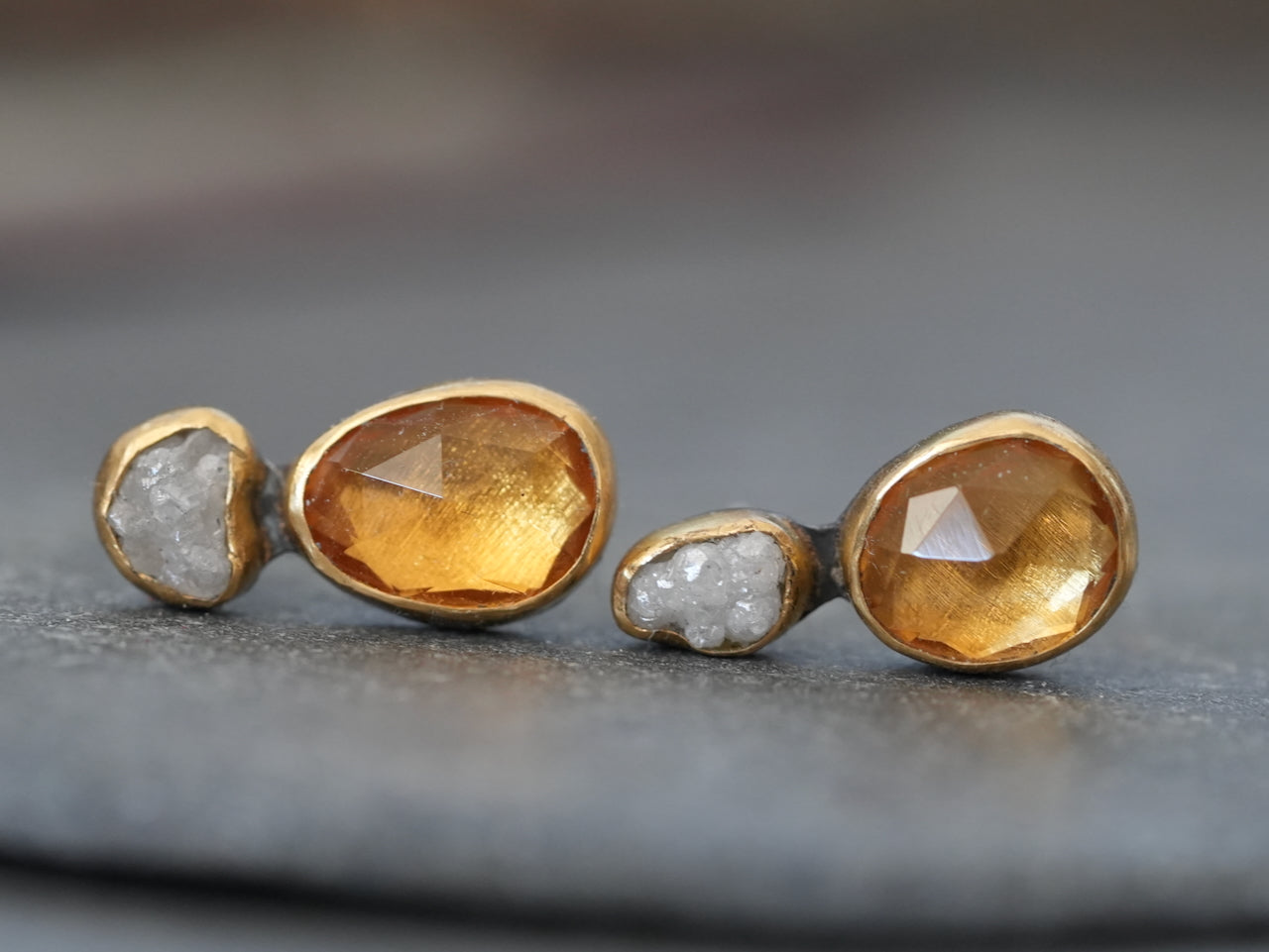Handmade Diamond & Citrine Earrings – Raw Elegance with a Golden Glow