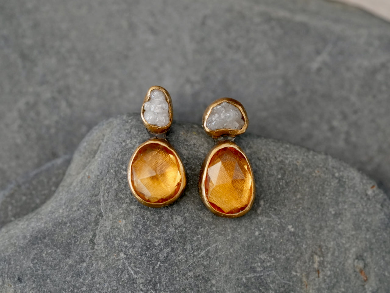 Handmade Diamond & Citrine Earrings – Raw Elegance with a Golden Glow