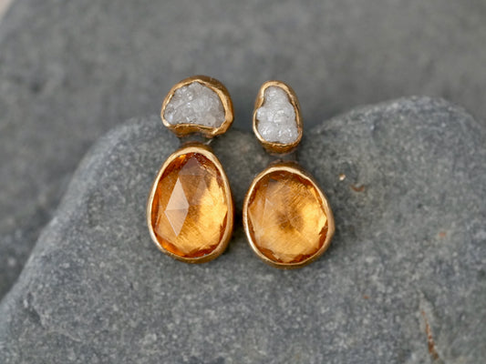 Handmade Diamond & Citrine Earrings – Raw Elegance with a Golden Glow