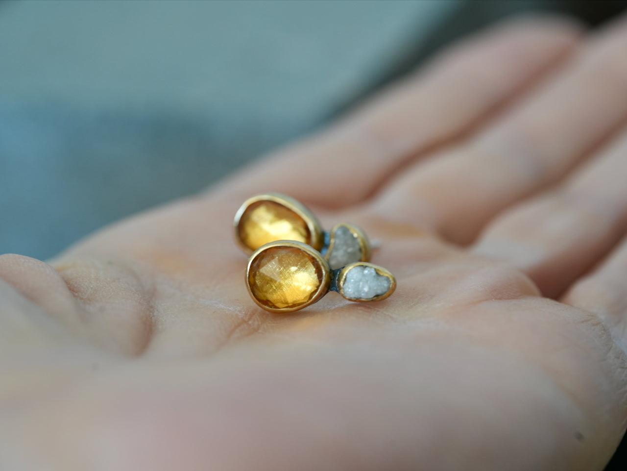 Handmade Diamond & Citrine Earrings – Raw Elegance with a Golden Glow
