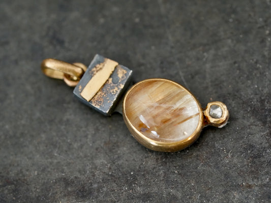Rutile Quartz Pendant with Diamond Accent in 22k Gold and Oxidized Silver