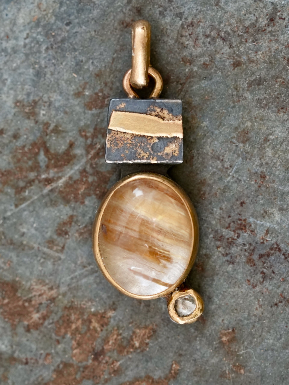 Rutile Quartz Pendant with Diamond Accent in 22k Gold and Oxidized Silver