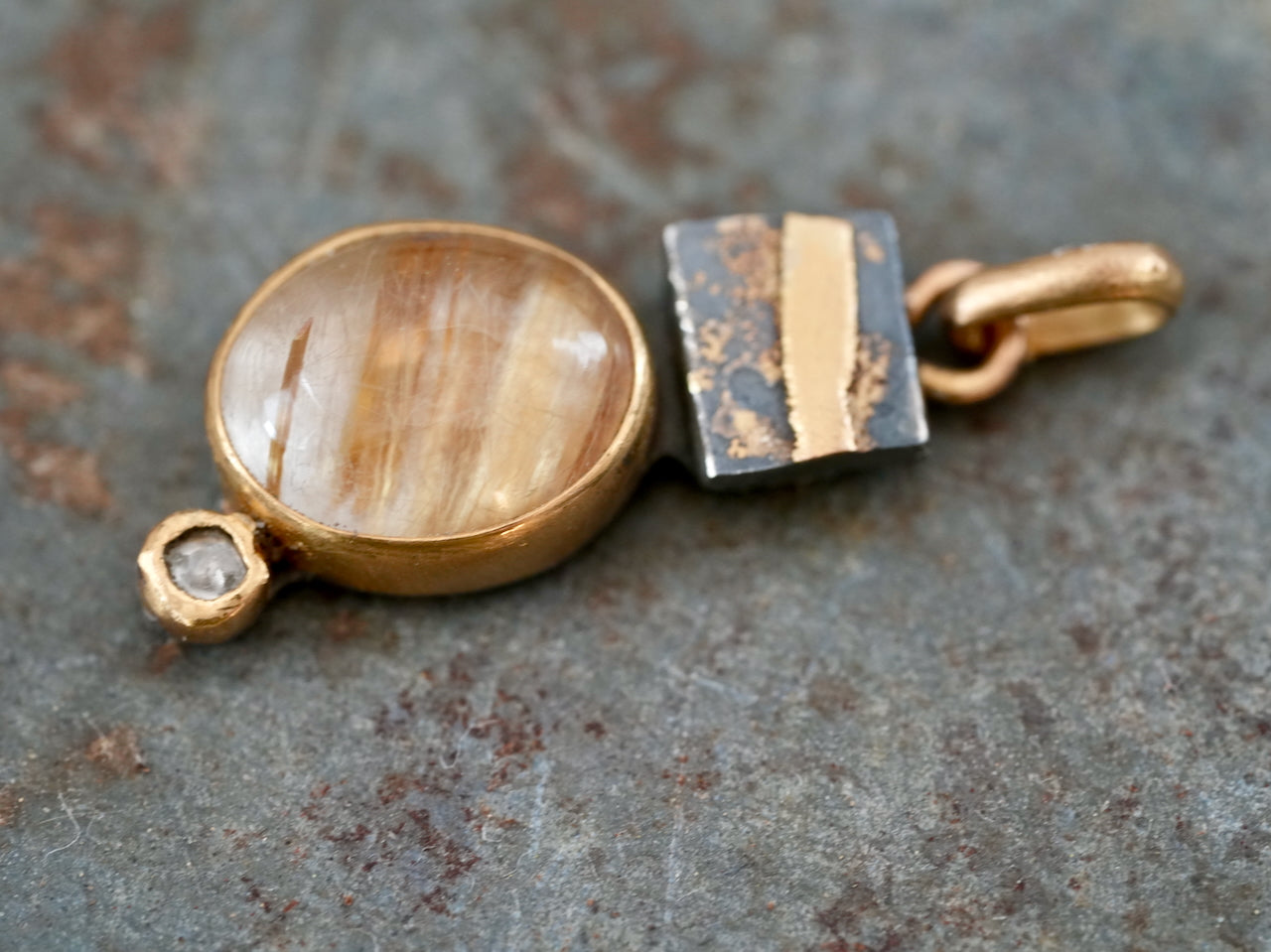 Rutile Quartz Pendant with Diamond Accent in 22k Gold and Oxidized Silver
