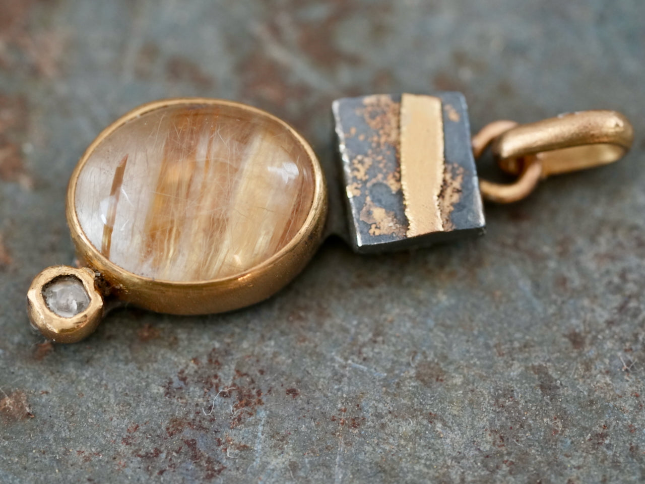 Rutile Quartz Pendant with Diamond Accent in 22k Gold and Oxidized Silver
