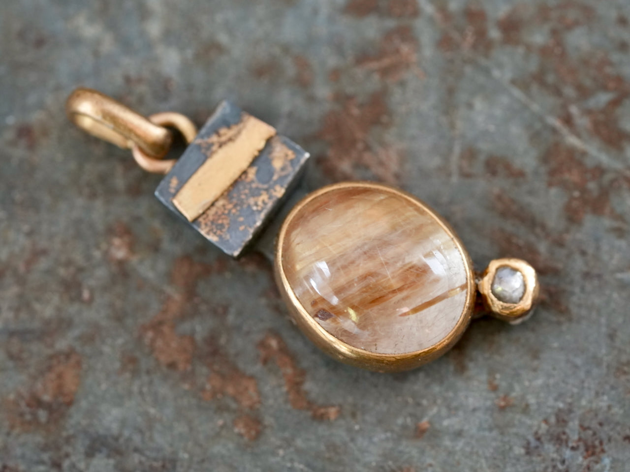 Rutile Quartz Pendant with Diamond Accent in 22k Gold and Oxidized Silver