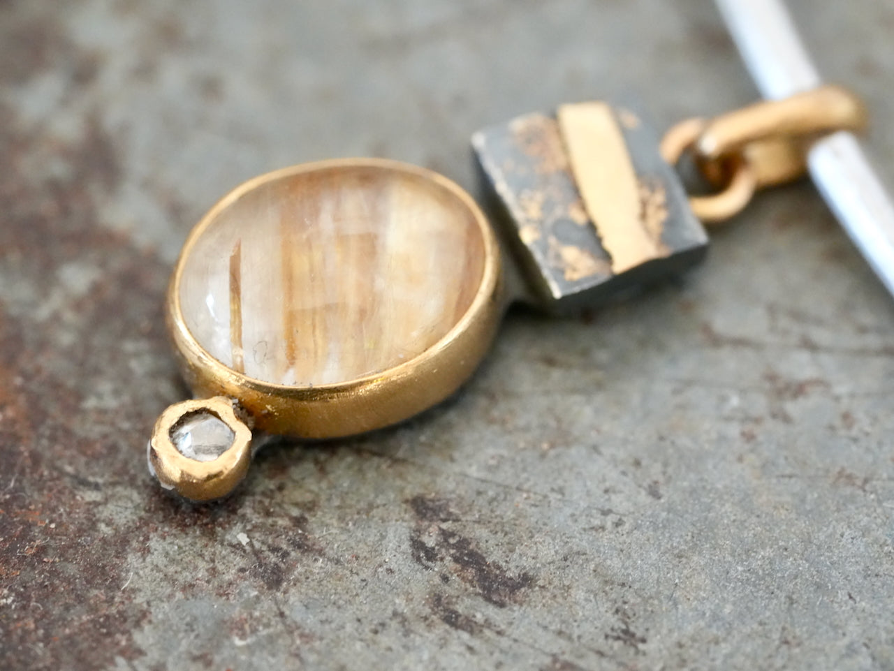 Rutile Quartz Pendant with Diamond Accent in 22k Gold and Oxidized Silver