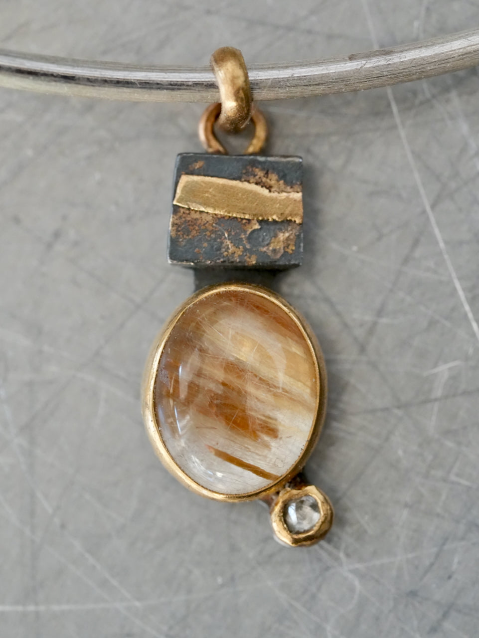 Rutile Quartz Pendant with Diamond Accent in 22k Gold and Oxidized Silver