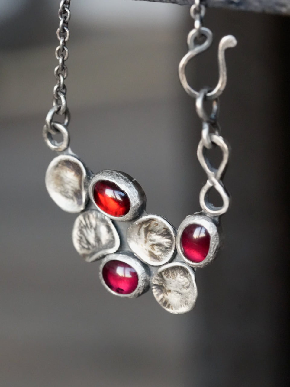 Handcrafted Garnet & Oxidized Silver Botanical Necklace