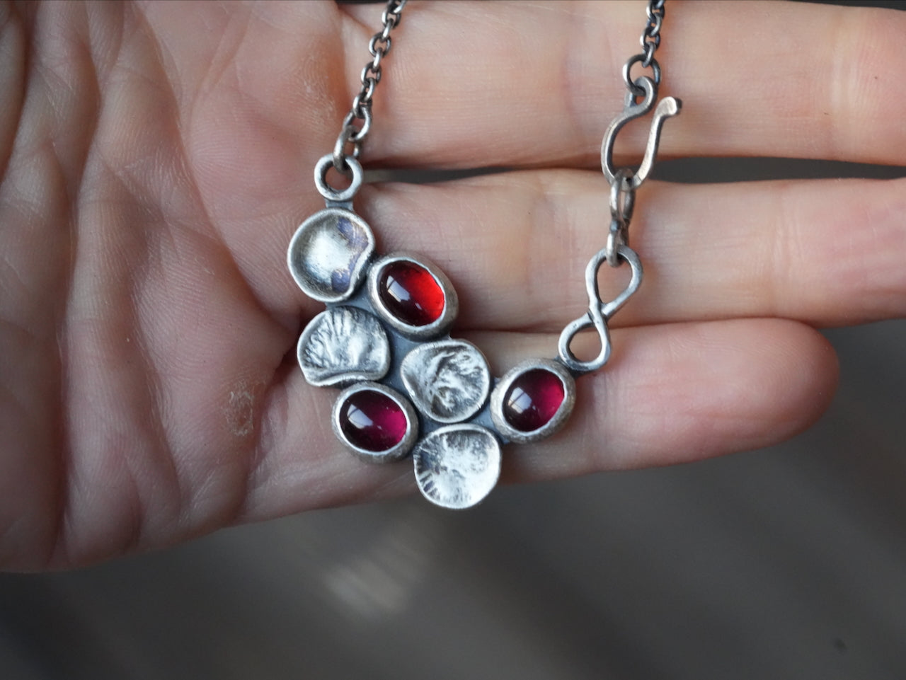 Handcrafted Garnet & Oxidized Silver Botanical Necklace