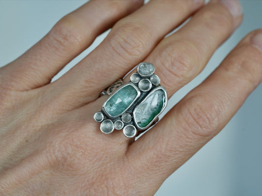 Kyanite and Tourmaline Cluster Ring – Handmade in Sterling Silver, size 7.75-8