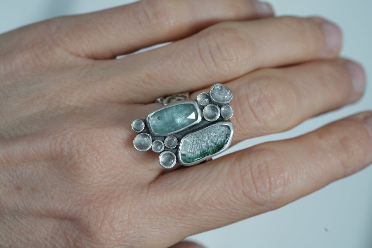 Kyanite and Tourmaline Cluster Ring – Handmade in Sterling Silver, size 7.75-8