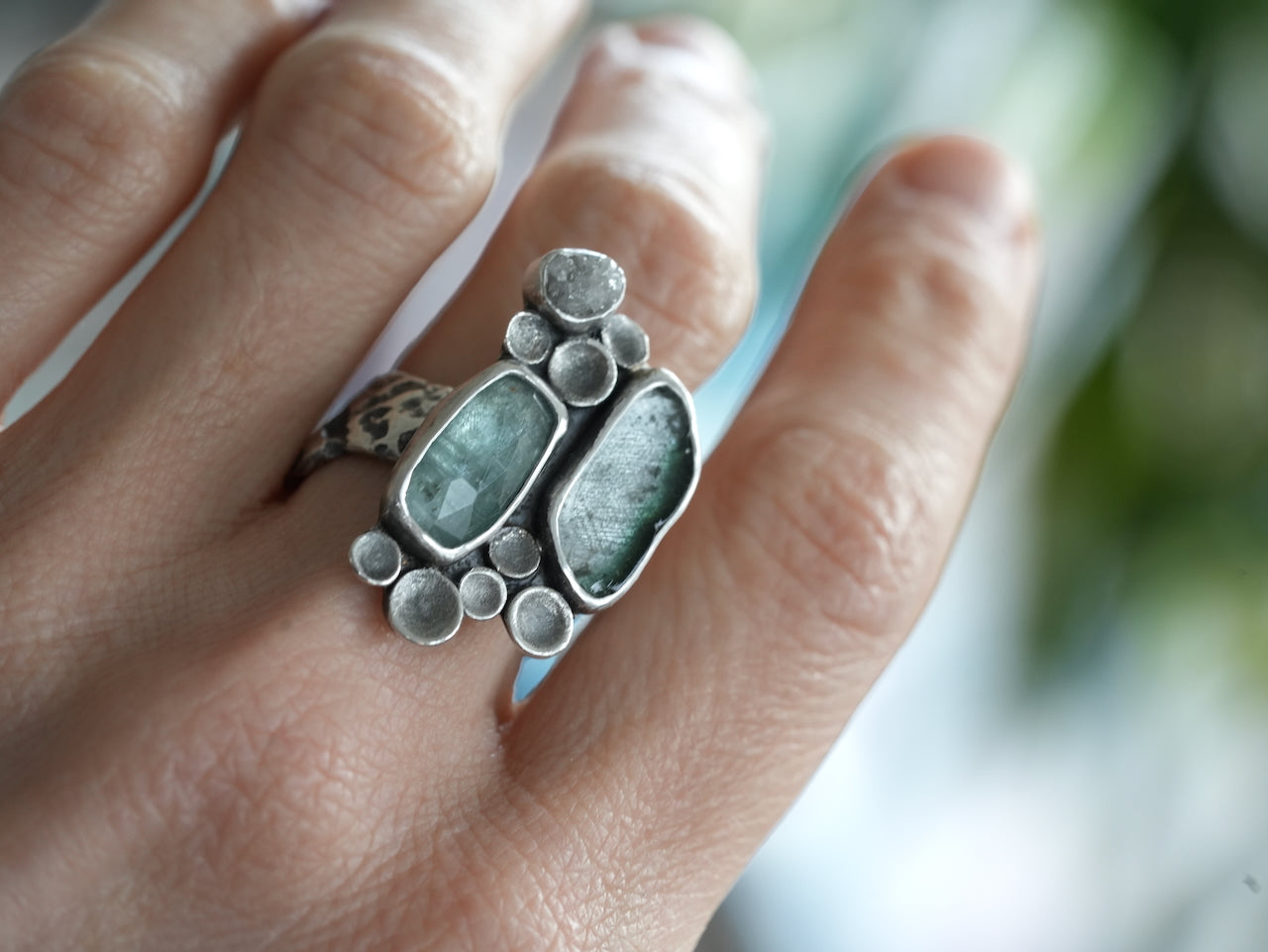 Kyanite and Tourmaline Cluster Ring – Handmade in Sterling Silver, size 7.75-8