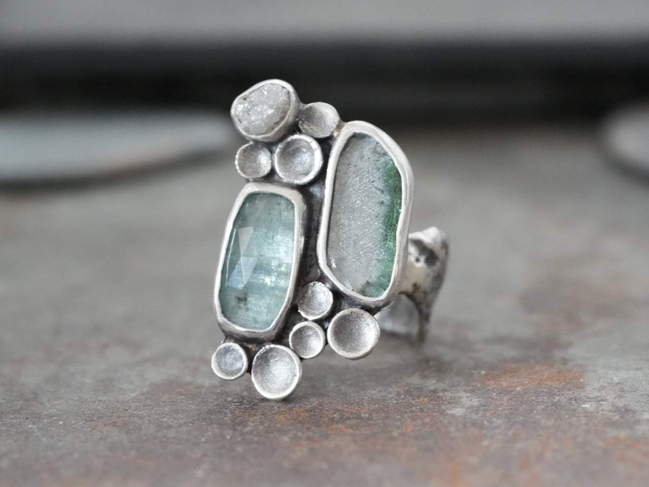 Kyanite and Tourmaline Cluster Ring – Handmade in Sterling Silver, size 7.75-8